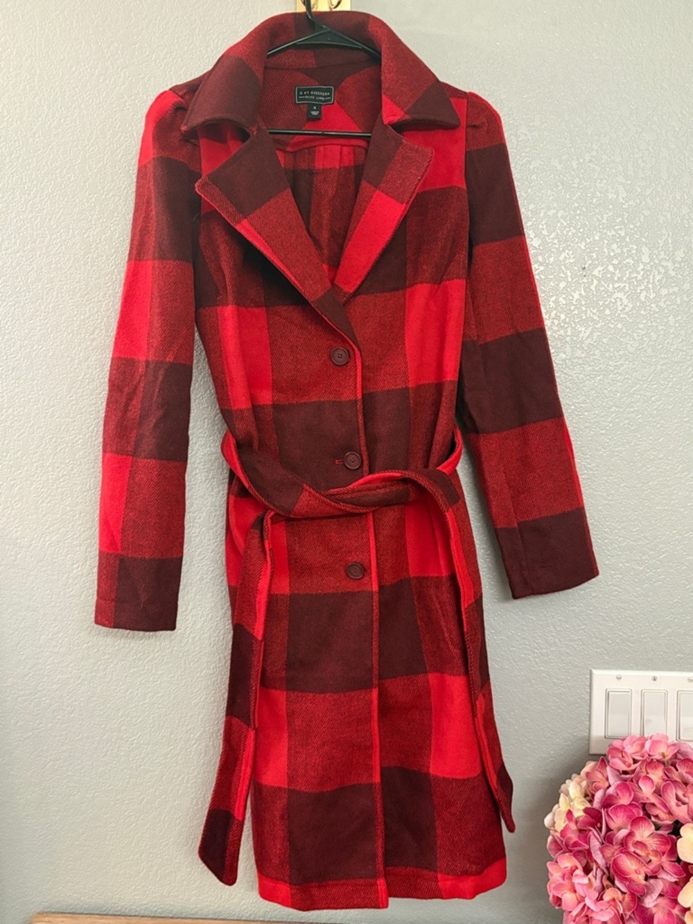 G by Giuliana Red and Dark Red Plaid Belted Wool Coat